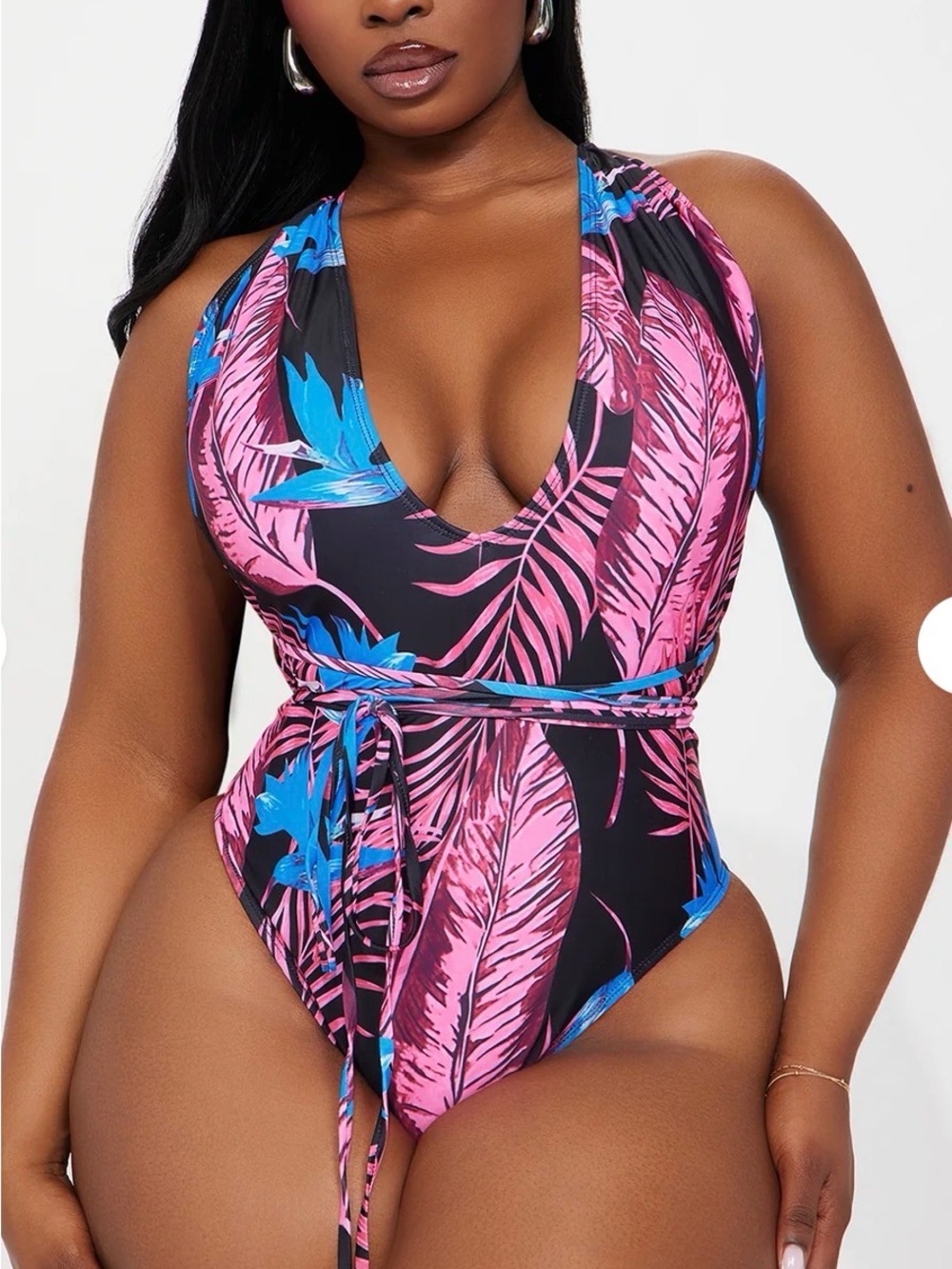 Fashion Nova Tropical Halter One-Piece Swimsuit and Cover Up in Pink & Blue